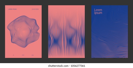Abstract Backgrounds. Cover Design Templates Set with Wavy Lines in Modern Style. Gradient Texture with Curves Stripes and Text. Trendy Covers for Brochure, Magazine, Presentation, Musical Posters.