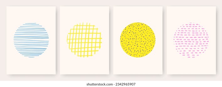 Antecedentes abstractos con círculos creativos. Tarjeta de estilo minimalista dibujada a mano Doodle, postal, decoración de pared, volante, folleto, portada, banner de estilo moderno lindo