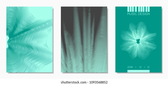 Abstract Backgrounds with Distorted Flow Lines and Text. Cover Design Templates Set with Wavy Stripes in Modern Style. Movement. Trendy Covers for Brochure, Magazine, Presentation, Music Poster, Book.