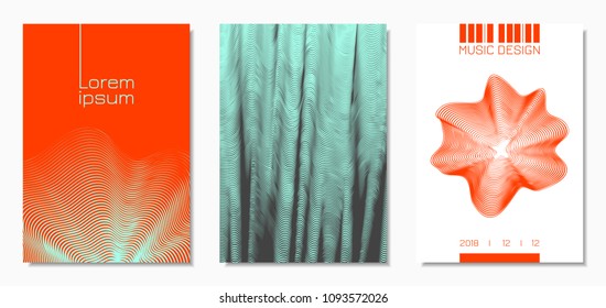 Abstract Backgrounds with Distorted Flow Lines and Text. Cover Design Templates Set with Wavy Stripes in Modern Style. Movement. Trendy Covers for Brochure, Magazine, Presentation, Music Poster, Book.