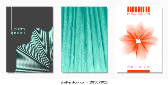 Abstract Backgrounds with Distorted Flow Lines and Text. Cover Design Templates Set with Wavy Stripes in Modern Style. Movement. Trendy Covers for Brochure, Magazine, Presentation, Music Poster, Book.