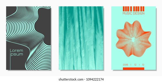 Abstract Backgrounds with Distorted Flow Lines and Text. Cover Design Templates Set with Wavy Stripes in Modern Style. Movement. Trendy Covers for Brochure, Magazine, Presentation, Music Poster, Book.