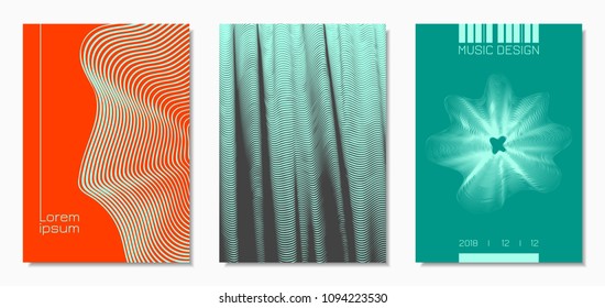 Abstract Backgrounds with Distorted Flow Lines and Text. Cover Design Templates Set with Wavy Stripes in Modern Style. Movement. Trendy Covers for Brochure, Magazine, Presentation, Music Poster, Book.