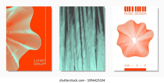 Abstract Backgrounds with Distorted Flow Lines and Text. Cover Design Templates Set with Wavy Stripes in Modern Style. Movement. Trendy Covers for Brochure, Magazine, Presentation, Music Poster, Book.