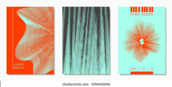 Abstract Backgrounds with Distorted Flow Lines and Text. Cover Design Templates Set with Wavy Stripes in Modern Style. Movement. Trendy Covers for Brochure, Magazine, Presentation, Music Poster, Book.