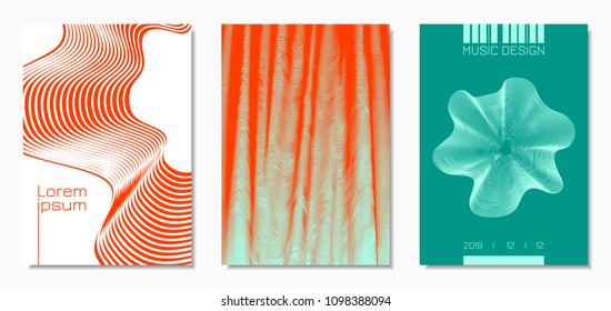 Abstract Backgrounds with Distorted Flow Lines and Text. Cover Design Templates Set with Wavy Stripes in Modern Style. Movement. Trendy Covers for Brochure, Magazine, Presentation, Music Poster, Book.
