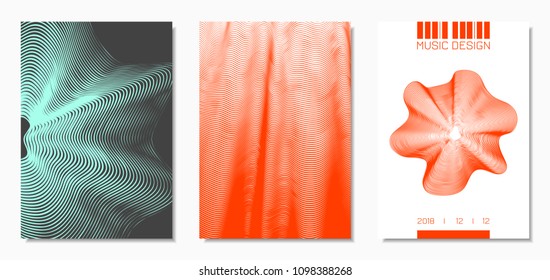 Abstract Backgrounds with Distorted Flow Lines and Text. Cover Design Templates Set with Wavy Stripes in Modern Style. Movement. Trendy Covers for Brochure, Magazine, Presentation, Music Poster, Book.