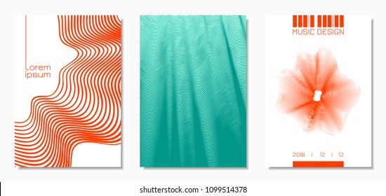 Abstract Backgrounds with Distorted Flow Lines and Text. Cover Design Templates Set with Wavy Stripes in Modern Style. Movement. Trendy Covers for Brochure, Magazine, Presentation, Music Poster, Book.