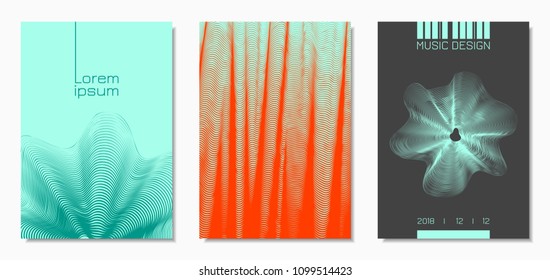 Abstract Backgrounds with Distorted Flow Lines and Text. Cover Design Templates Set with Wavy Stripes in Modern Style. Movement. Trendy Covers for Brochure, Magazine, Presentation, Music Poster, Book.