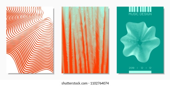 Abstract Backgrounds with Distorted Flow Lines and Text. Cover Design Templates Set with Wavy Stripes in Modern Style. Movement. Trendy Covers for Brochure, Magazine, Presentation, Music Poster, Book.