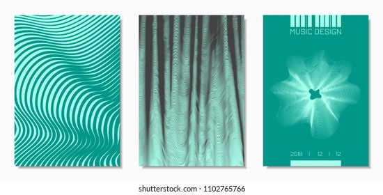 Abstract Backgrounds with Distorted Flow Lines and Text. Cover Design Templates Set with Wavy Stripes in Modern Style. Movement. Trendy Covers for Brochure, Magazine, Presentation, Music Poster, Book.