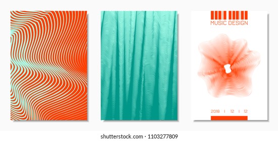 Abstract Backgrounds with Distorted Flow Lines and Text. Cover Design Templates Set with Wavy Stripes in Modern Style. Movement. Trendy Covers for Brochure, Magazine, Presentation, Music Poster, Book.