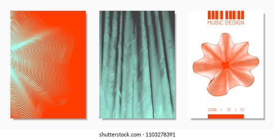 Abstract Backgrounds with Distorted Flow Lines and Text. Cover Design Templates Set with Wavy Stripes in Modern Style. Movement. Trendy Covers for Brochure, Magazine, Presentation, Music Poster, Book.