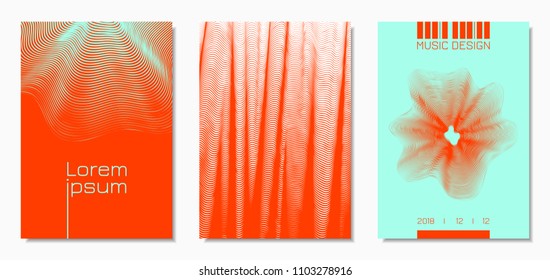 Abstract Backgrounds with Distorted Flow Lines and Text. Cover Design Templates Set with Wavy Stripes in Modern Style. Movement. Trendy Covers for Brochure, Magazine, Presentation, Music Poster, Book.