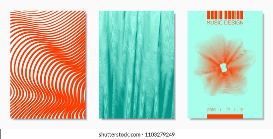Abstract Backgrounds with Distorted Flow Lines and Text. Cover Design Templates Set with Wavy Stripes in Modern Style. Movement. Trendy Covers for Brochure, Magazine, Presentation, Music Poster, Book.