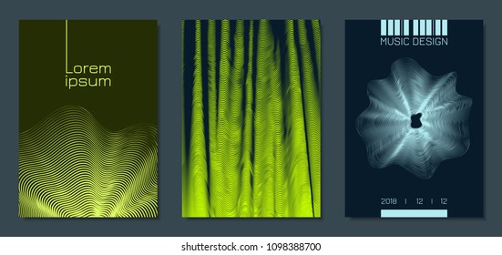 Abstract Backgrounds with Distorted Flow Stripes and Text. Cover Design Templates Set with Wavy Lines in Modern Style. Movement. Trendy Covers for Brochure, Magazine, Presentation, Music Poster, Book.