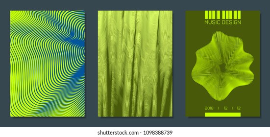 Abstract Backgrounds with Distorted Flow Stripes and Text. Cover Design Templates Set with Wavy Lines in Modern Style. Movement. Trendy Covers for Brochure, Magazine, Presentation, Music Poster, Book.
