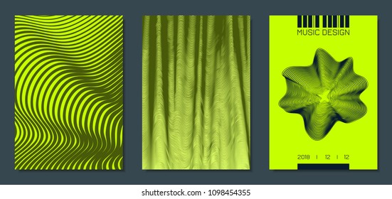 Abstract Backgrounds with Distorted Flow Stripes and Text. Cover Design Templates Set with Wavy Lines in Modern Style. Movement. Trendy Covers for Brochure, Magazine, Presentation, Music Poster, Book.
