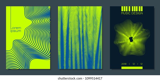 Abstract Backgrounds with Distorted Flow Stripes and Text. Cover Design Templates Set with Wavy Lines in Modern Style. Movement. Trendy Covers for Brochure, Magazine, Presentation, Music Poster, Book.