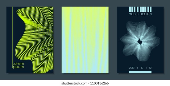 Abstract Backgrounds with Distorted Flow Stripes and Text. Cover Design Templates Set with Wavy Lines in Modern Style. Movement. Trendy Covers for Brochure, Magazine, Presentation, Music Poster, Book.