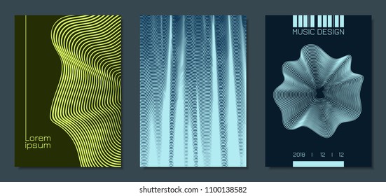 Abstract Backgrounds with Distorted Flow Stripes and Text. Cover Design Templates Set with Wavy Lines in Modern Style. Movement. Trendy Covers for Brochure, Magazine, Presentation, Music Poster, Book.