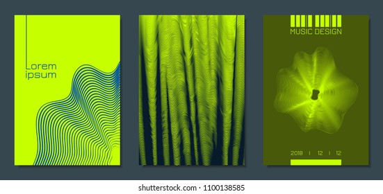 Abstract Backgrounds with Distorted Flow Stripes and Text. Cover Design Templates Set with Wavy Lines in Modern Style. Movement. Trendy Covers for Brochure, Magazine, Presentation, Music Poster, Book.