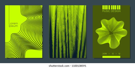 Abstract Backgrounds with Distorted Flow Stripes and Text. Cover Design Templates Set with Wavy Lines in Modern Style. Movement. Trendy Covers for Brochure, Magazine, Presentation, Music Poster, Book.