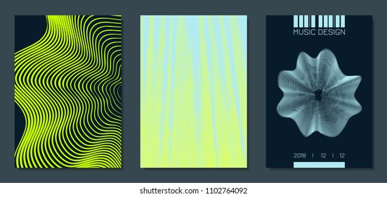 Abstract Backgrounds with Distorted Flow Stripes and Text. Cover Design Templates Set with Wavy Lines in Modern Style. Movement. Trendy Covers for Brochure, Magazine, Presentation, Music Poster, Book.