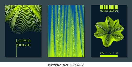 Abstract Backgrounds with Distorted Flow Stripes and Text. Cover Design Templates Set with Wavy Lines in Modern Style. Movement. Trendy Covers for Brochure, Magazine, Presentation, Music Poster, Book.