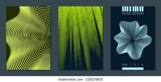 Abstract Backgrounds with Distorted Flow Stripes and Text. Cover Design Templates Set with Wavy Lines in Modern Style. Movement. Trendy Covers for Brochure, Magazine, Presentation, Music Poster, Book.