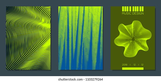 Abstract Backgrounds with Distorted Flow Stripes and Text. Cover Design Templates Set with Wavy Lines in Modern Style. Movement. Trendy Covers for Brochure, Magazine, Presentation, Music Poster, Book.