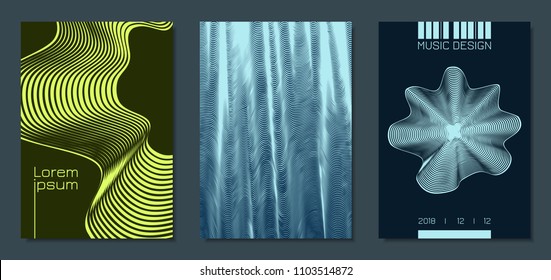 Abstract Backgrounds with Distorted Flow Stripes and Text. Cover Design Templates Set with Wavy Lines in Modern Style. Movement. Trendy Covers for Brochure, Magazine, Presentation, Music Poster, Book.