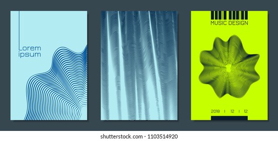 Abstract Backgrounds with Distorted Flow Stripes and Text. Cover Design Templates Set with Wavy Lines in Modern Style. Movement. Trendy Covers for Brochure, Magazine, Presentation, Music Poster, Book.
