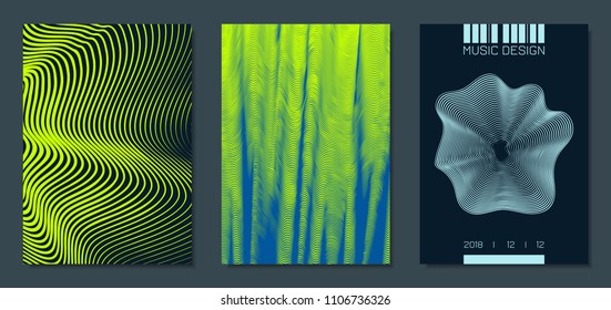 Abstract Backgrounds with Distorted Flow Stripes and Text. Cover Design Templates Set with Wavy Lines in Modern Style. Movement. Trendy Covers for Brochure, Magazine, Presentation, Music Poster, Book.