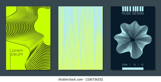 Abstract Backgrounds with Distorted Flow Stripes and Text. Cover Design Templates Set with Wavy Lines in Modern Style. Movement. Trendy Covers for Brochure, Magazine, Presentation, Music Poster, Book.