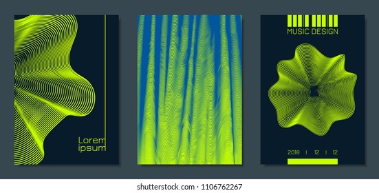 Abstract Backgrounds with Distorted Flow Stripes and Text. Cover Design Templates Set with Wavy Lines in Modern Style. Movement. Trendy Covers for Brochure, Magazine, Presentation, Music Poster, Book.