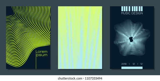 Abstract Backgrounds with Distorted Flow Stripes and Text. Cover Design Templates Set with Wavy Lines in Modern Style. Movement. Trendy Covers for Brochure, Magazine, Presentation, Music Poster, Book.