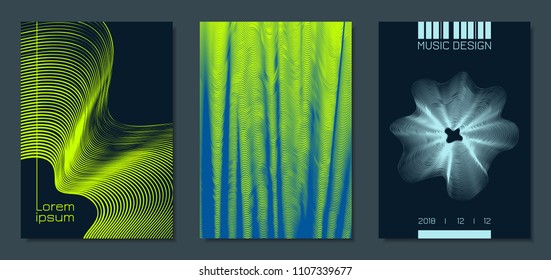 Abstract Backgrounds with Distorted Flow Stripes and Text. Cover Design Templates Set with Wavy Lines in Modern Style. Movement. Trendy Covers for Brochure, Magazine, Presentation, Music Poster, Book.