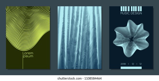 Abstract Backgrounds with Distorted Flow Stripes and Text. Cover Design Templates Set with Wavy Lines in Modern Style. Movement. Trendy Covers for Brochure, Magazine, Presentation, Music Poster, Book.