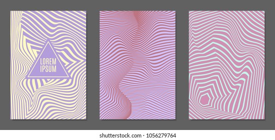 Abstract Backgrounds with Distortion of Geometric Shapes. Trendy Covers with Text and Gradient for Brochure, Magazine, Presentation, Book. Cover Design Templates Set with Wavy Stripes in Modern Style