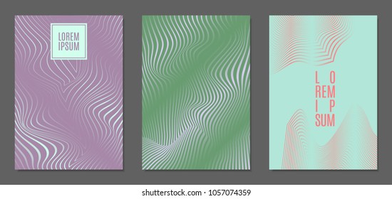 Abstract Backgrounds with Distortion of Geometric Shapes. Trendy Covers with Text and Gradient for Brochure, Magazine, Presentation, Book. Cover Design Templates Set with Wavy Stripes in Modern Style