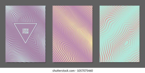 Abstract Backgrounds with Distortion of Geometric Shapes. Trendy Covers with Text and Gradient for Brochure, Magazine, Presentation, Book. Cover Design Templates Set with Wavy Stripes in Modern Style
