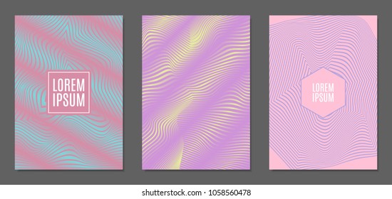 Abstract Backgrounds with Distortion of Geometric Shapes. Trendy Covers with Text and Gradient for Brochure, Magazine, Presentation, Book. Cover Design Templates Set with Wavy Stripes in Modern Style