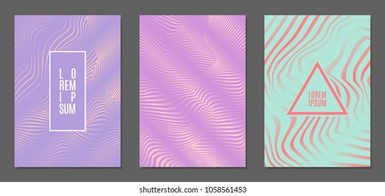 Abstract Backgrounds with Distortion of Geometric Shapes. Trendy Covers with Text and Gradient for Brochure, Magazine, Presentation, Book. Cover Design Templates Set with Wavy Stripes in Modern Style