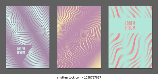 Abstract Backgrounds with Distortion of Geometric Shapes. Trendy Covers with Text and Gradient for Brochure, Magazine, Presentation, Book. Cover Design Templates Set with Wavy Stripes in Modern Style
