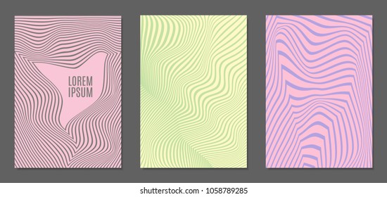 Abstract Backgrounds with Distortion of Geometric Shapes. Trendy Covers with Text and Gradient for Brochure, Magazine, Presentation, Book. Cover Design Templates Set with Wavy Stripes in Modern Style