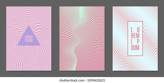 Abstract Backgrounds with Distortion of Geometric Shapes. Trendy Covers with Text and Gradient for Brochure, Magazine, Presentation, Book. Cover Design Templates Set with Wavy Stripes in Modern Style