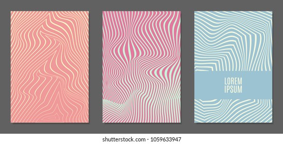 Abstract Backgrounds with Distortion of Geometric Shapes. Trendy Covers with Text and Gradient for Brochure, Magazine, Presentation, Book. Cover Design Templates Set with Wavy Stripes in Modern Style