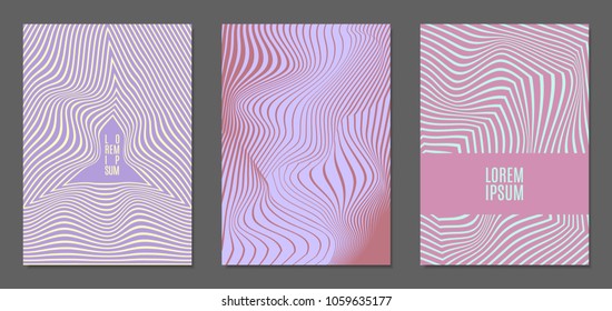 Abstract Backgrounds with Distortion of Geometric Shapes. Trendy Covers with Text and Gradient for Brochure, Magazine, Presentation, Book. Cover Design Templates Set with Wavy Stripes in Modern Style