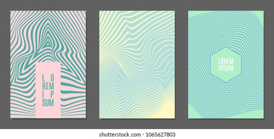 Abstract Backgrounds with Distortion of Geometric Shapes. Trendy Covers with Text and Gradient for Brochure, Magazine, Presentation, Book. Cover Design Templates Set with Wavy Stripes in Modern Style